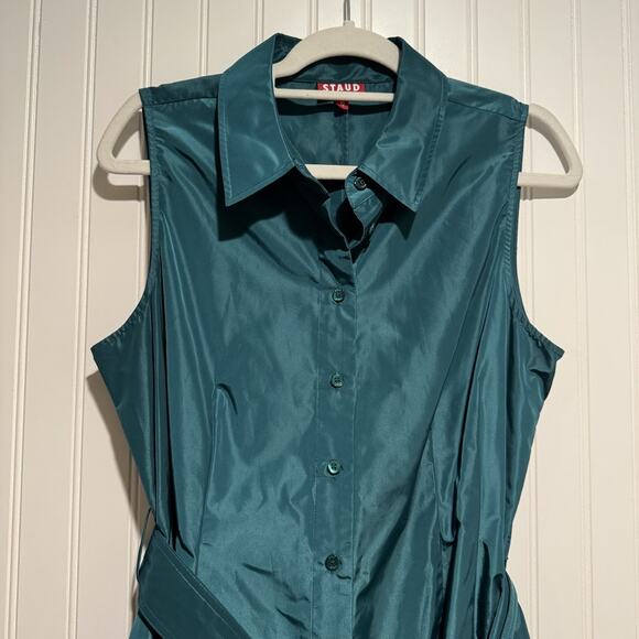 Staud Jolene Belted Taffeta Shirt Dress Coastal Green Size 10 - Picture 3 of 8
